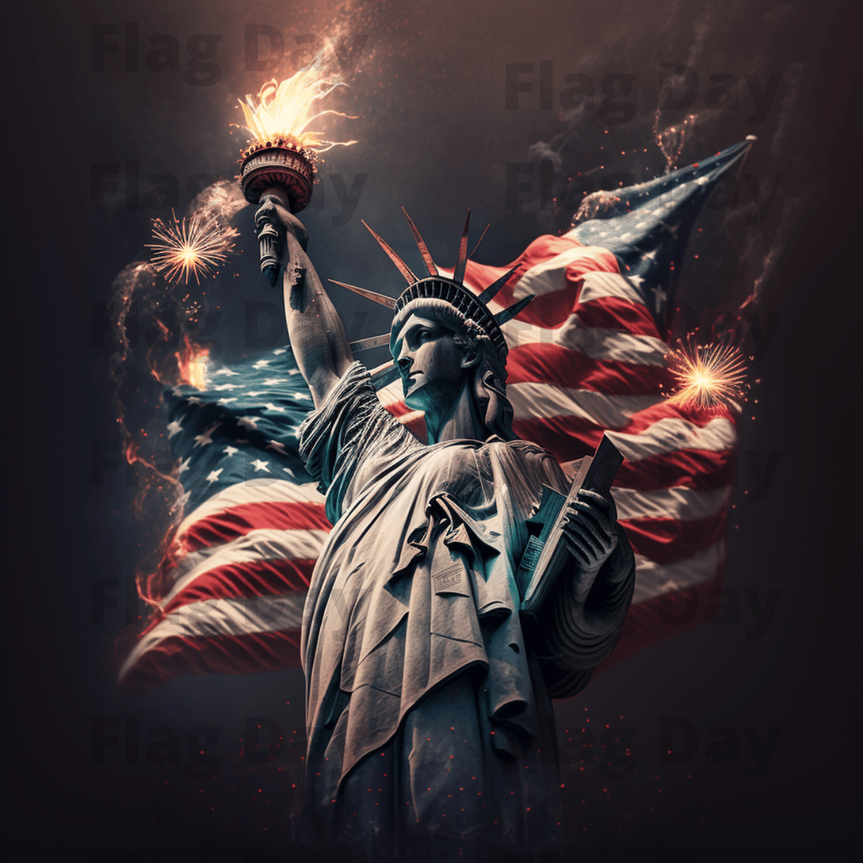 Statue of Liberty with American Flag and Fireworks